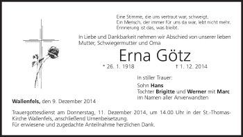 Anzeige von Erna Götz von MGO