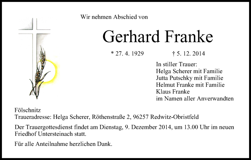  Traueranzeige für Gerhard Franke vom 08.12.2014 aus MGO
