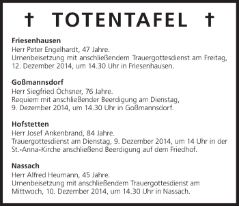 Anzeige von Totentafel vom 09.12.2014 von MGO