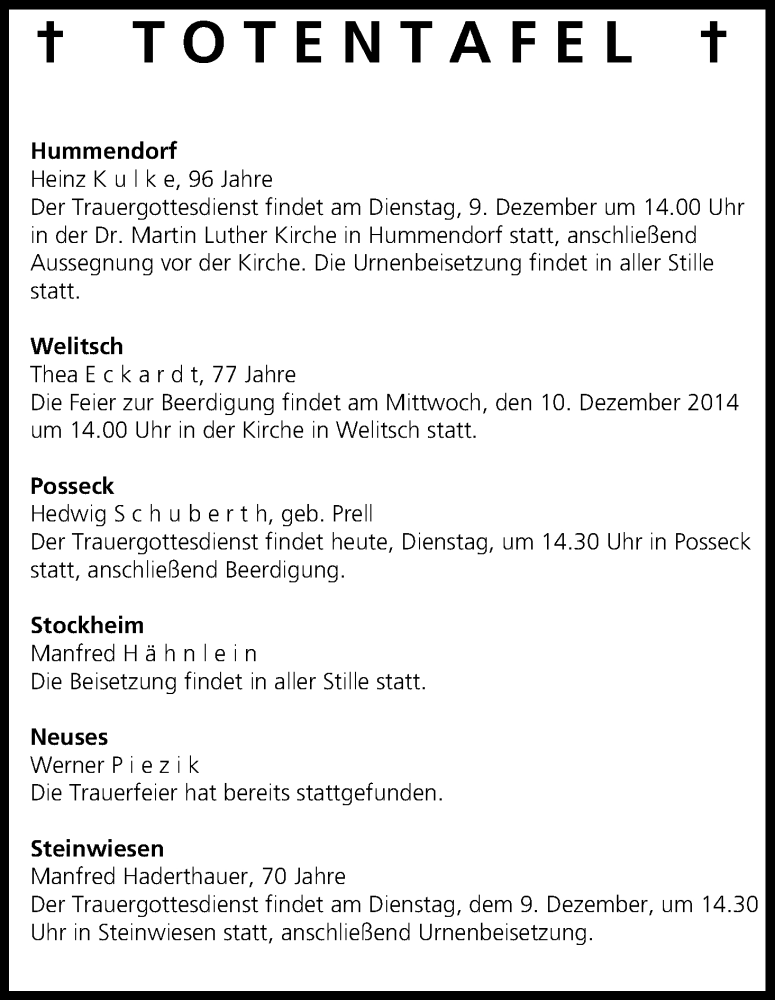  Traueranzeige für Totentafel vom 09.12.2014 vom 09.12.2014 aus MGO