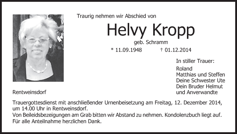  Traueranzeige für Helvy Kropp vom 09.12.2014 aus MGO