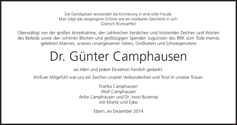  Traueranzeige für Günter Camphausen vom 09.12.2014 aus MGO