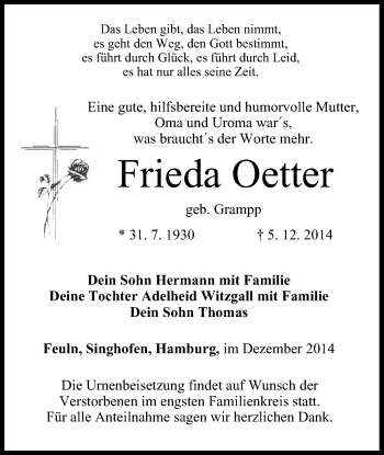 Anzeige von Frieda Oetter von MGO