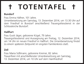 Anzeige von Totentafel vom 10.12.2014 von MGO