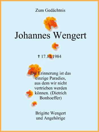 Anzeige von Johannes Wengert von MGO