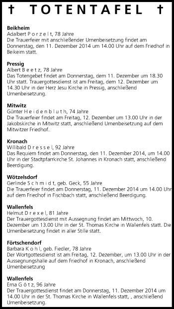 Anzeige von Totentafel vom 10.12.2014 von MGO
