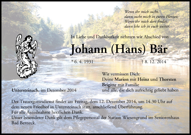  Traueranzeige für Johann Bär vom 10.12.2014 aus MGO