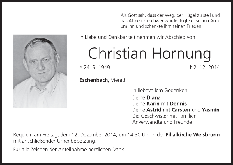  Traueranzeige für Christian Hornung vom 10.12.2014 aus MGO