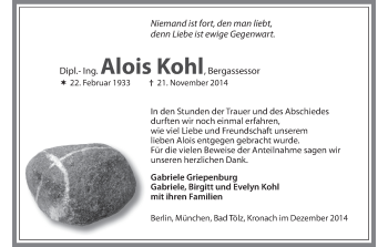 Anzeige von Alois Kohl von MGO