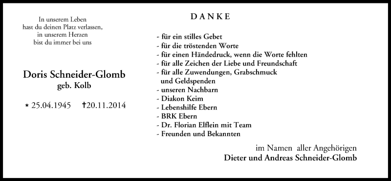  Traueranzeige für Doris Schneider-Glomb vom 12.12.2014 aus MGO