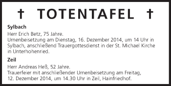 Anzeige von Totentafel vom 11.12.2014 von MGO