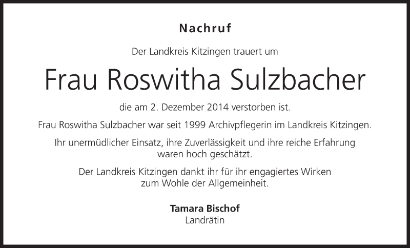  Traueranzeige für Roswitha Sulzbacher vom 11.12.2014 aus MGO