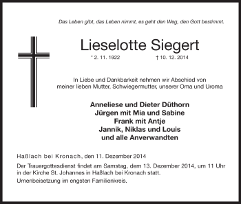 Anzeige von Lieselotte Siegert von MGO