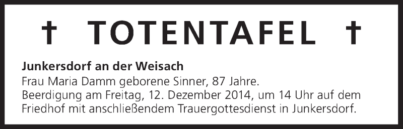  Traueranzeige für Totentafel vom 12.12.2014 vom 12.12.2014 aus MGO