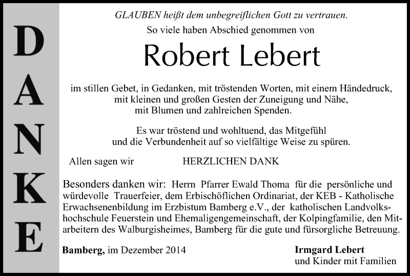  Traueranzeige für Robert Lebert vom 13.12.2014 aus MGO