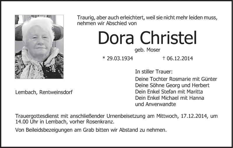  Traueranzeige für Dora Christel vom 13.12.2014 aus MGO
