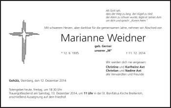 Anzeige von Marianne Weidner von MGO