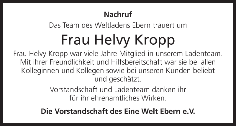  Traueranzeige für Helvy Kropp vom 13.12.2014 aus MGO