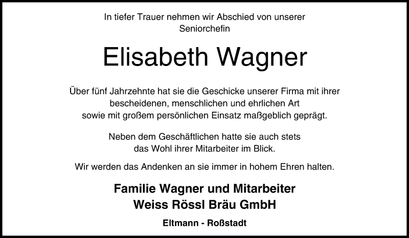  Traueranzeige für Elisabeth Wagner vom 13.12.2014 aus MGO