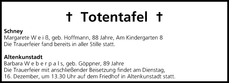  Traueranzeige für Totentafel, vom 13.12.2014 vom 13.12.2014 aus MGO