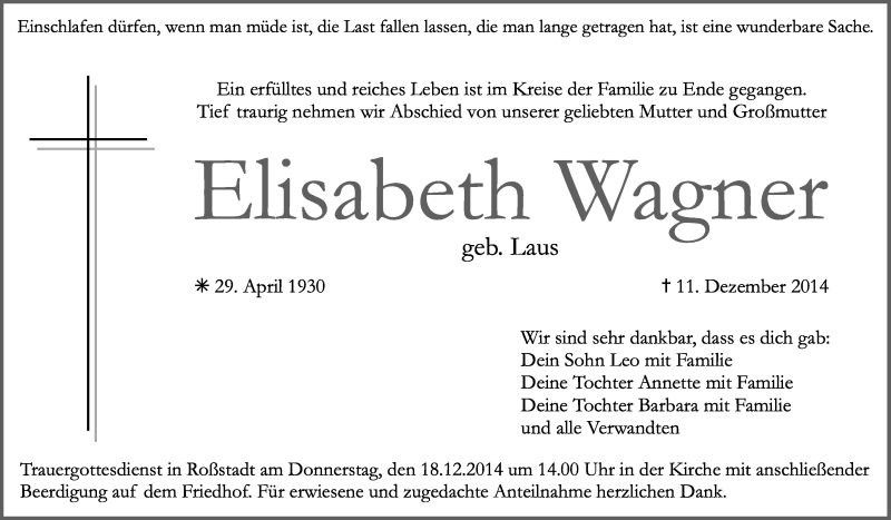  Traueranzeige für Elisabeth Wagner vom 13.12.2014 aus MGO