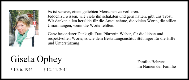  Traueranzeige für Gisela Ophey vom 13.12.2014 aus MGO