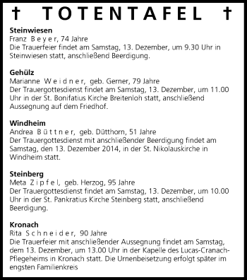 Anzeige von Totentafel, vom 13.12.2014 von MGO