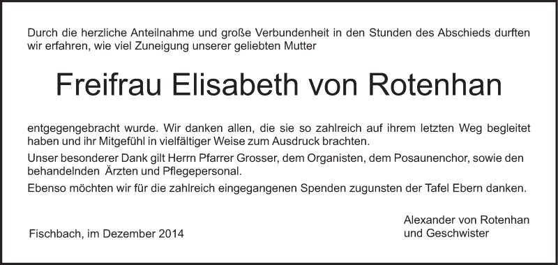  Traueranzeige für Elisabeth von Rotenhan vom 13.12.2014 aus MGO