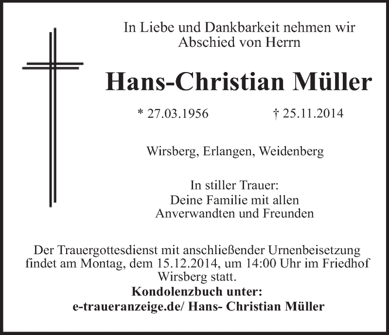  Traueranzeige für Hans-Christian Müller vom 13.12.2014 aus MGO