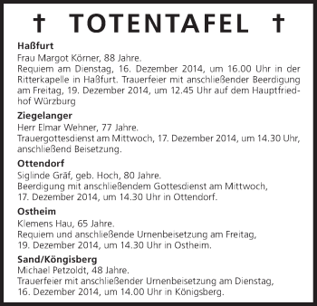 Anzeige von Totentafel vom 15.12.2014 von MGO