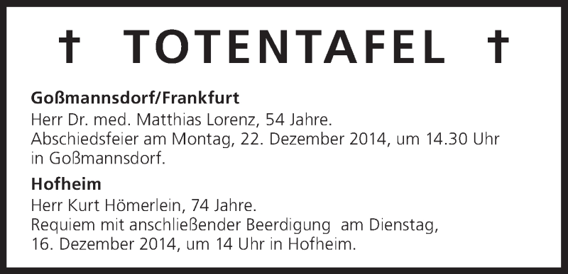  Traueranzeige für Totentafel vom 16.12.2014 vom 16.12.2014 aus MGO