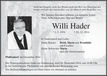 Anzeige von Willi Hader von MGO