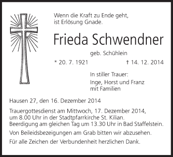 Anzeige von Frieda Schwendner von MGO