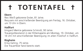Anzeige von Totentafel vom 16.10.2015 von MGO