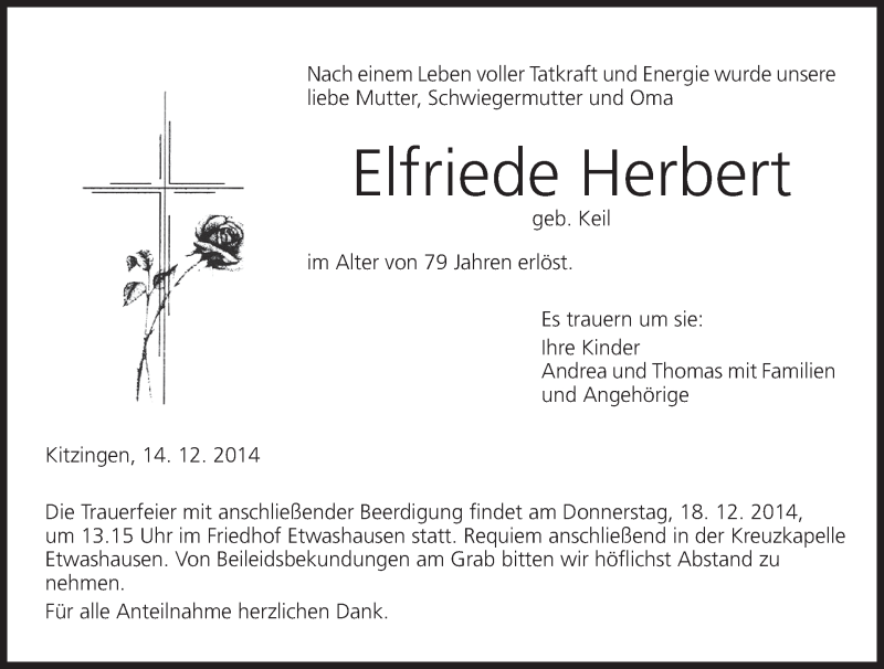  Traueranzeige für Elfriede Herbert vom 16.12.2014 aus MGO