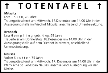 Anzeige von Totentafel vom 16.12.2014 von MGO