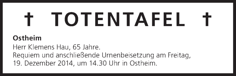  Traueranzeige für Totentafel vom 17.12.2014 vom 17.12.2014 aus MGO