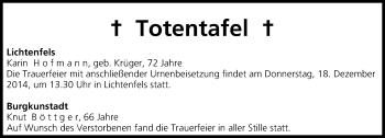 Anzeige von Totentafel vom 17.12.2014 von MGO