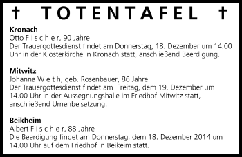 Anzeige von Totentafel vom 17.12.2014 von MGO