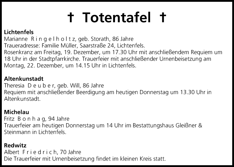  Traueranzeige für Totentafel vom 18.12.2014 vom 18.12.2014 aus MGO