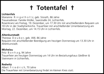 Anzeige von Totentafel vom 18.12.2014 von MGO