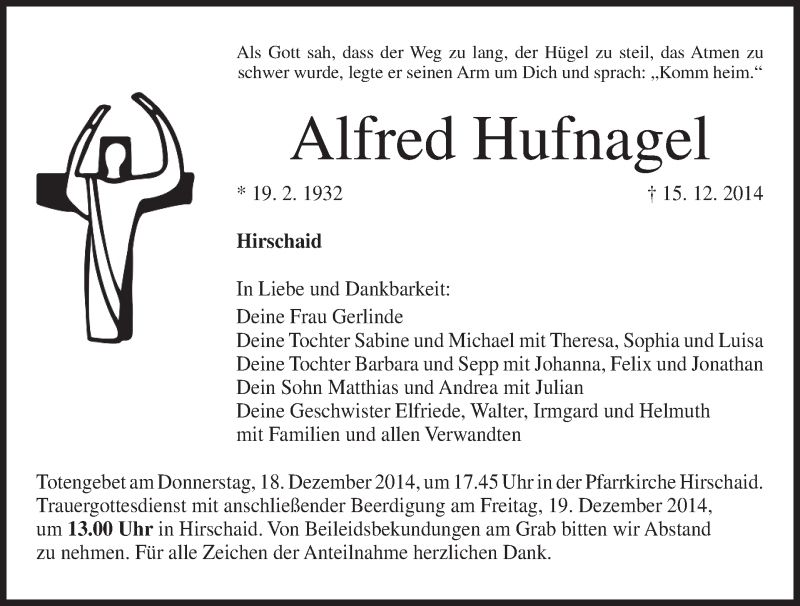  Traueranzeige für Alfred Hufnagel vom 18.12.2014 aus MGO