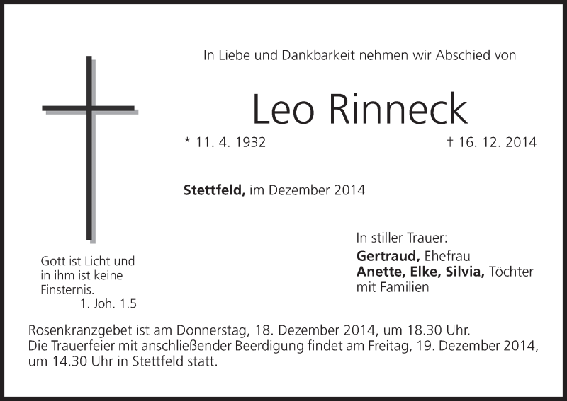  Traueranzeige für Leo Rinneck vom 18.12.2014 aus MGO
