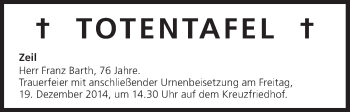 Anzeige von Totentafel vom 19.12.2014 von MGO