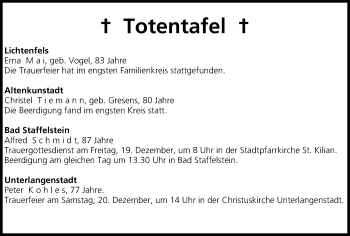 Anzeige von Totentafel vom 19.12.2014 von MGO