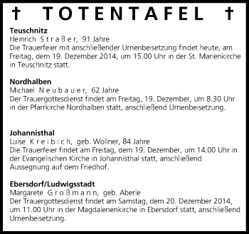 Anzeige von Totentafel vom 19.12.2014 von MGO