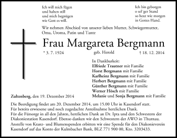 Anzeige von Margareta Bergmann von MGO