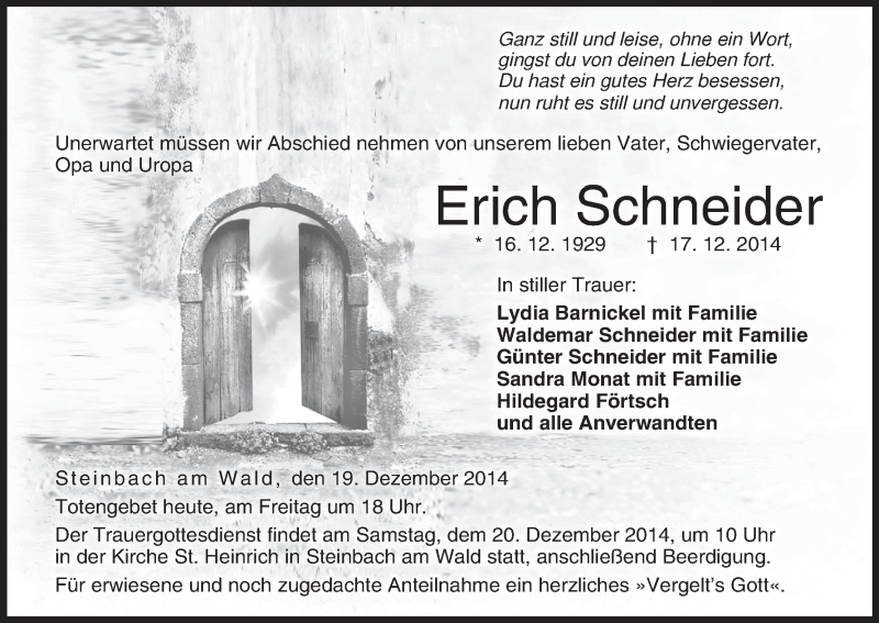  Traueranzeige für Erich Schneider vom 19.12.2014 aus MGO