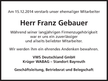 Anzeige von Franz Gebauer von MGO