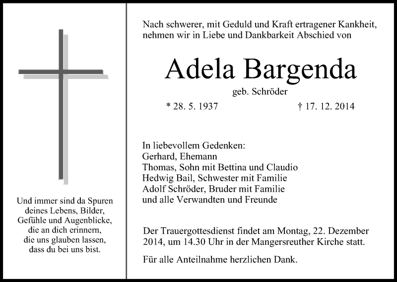  Traueranzeige für Adela Bargenda vom 20.12.2014 aus MGO